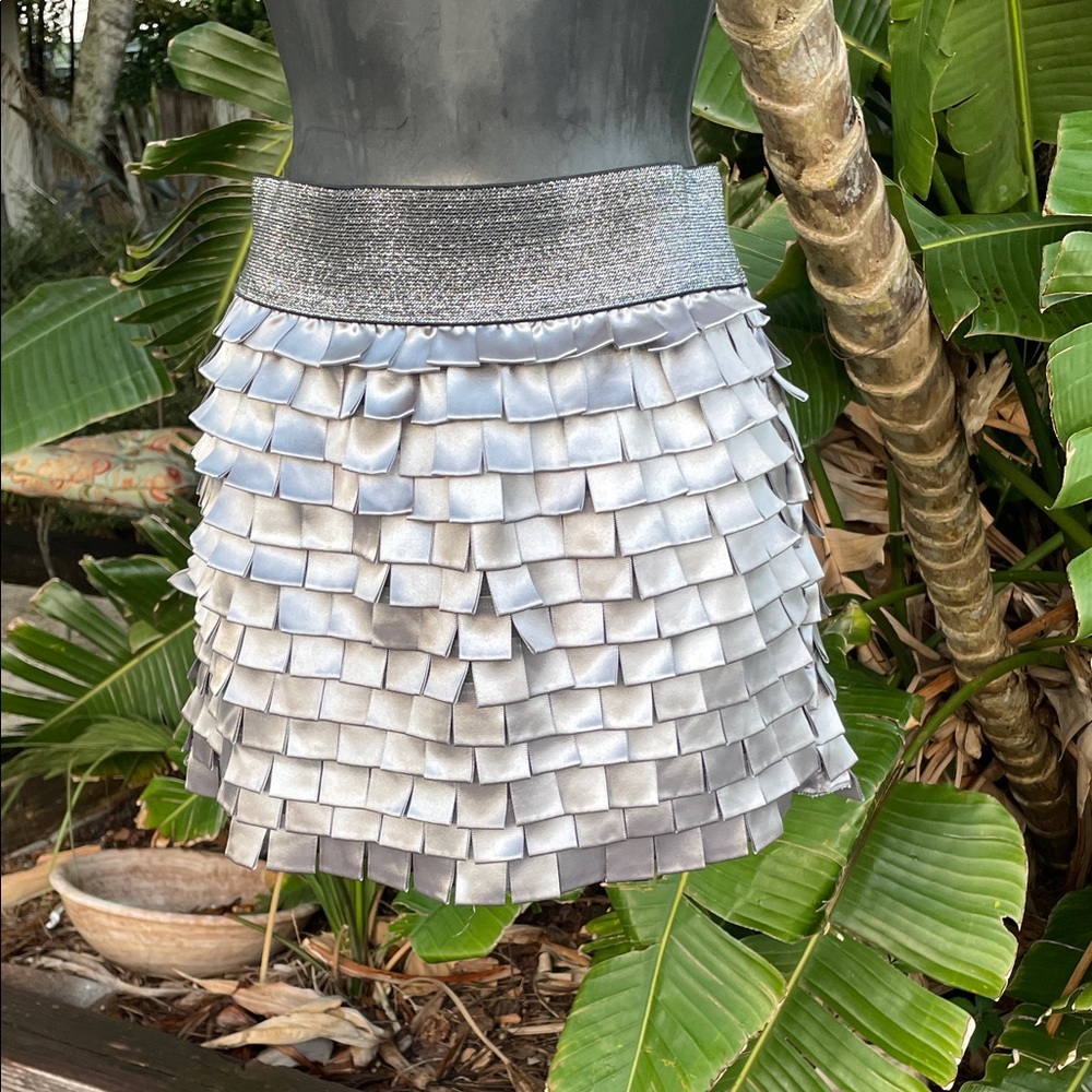 Silver textured, satin fringe mini skirt